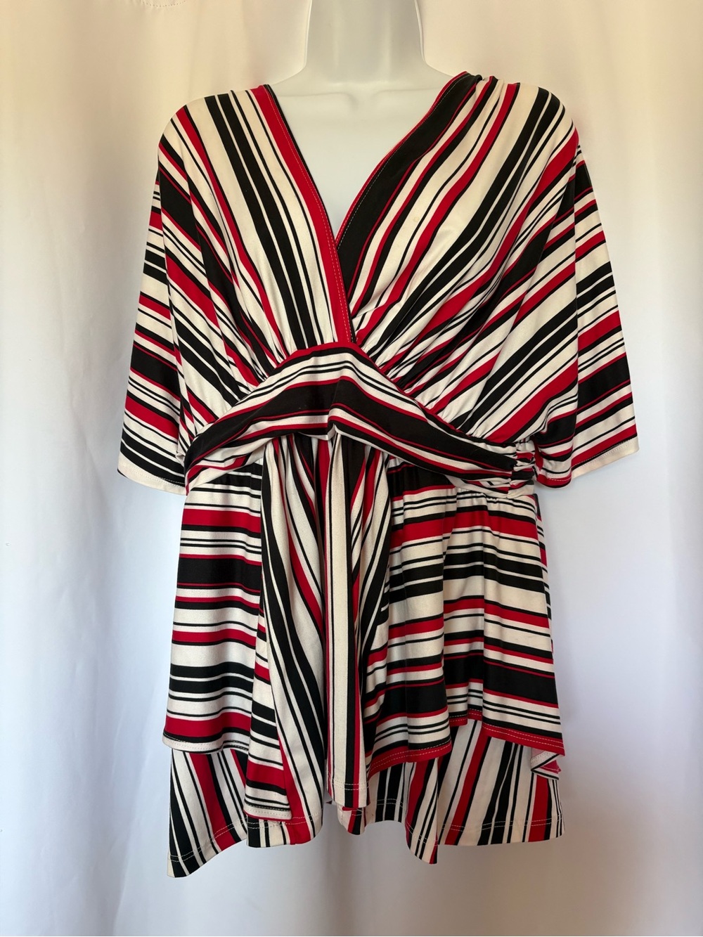 Kiyonna Red, Black & White Striped V-Neck Belted Dress